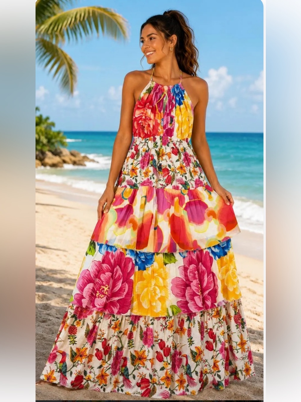 FARM Rio Multicolor Floral Tiered Maxi Dress